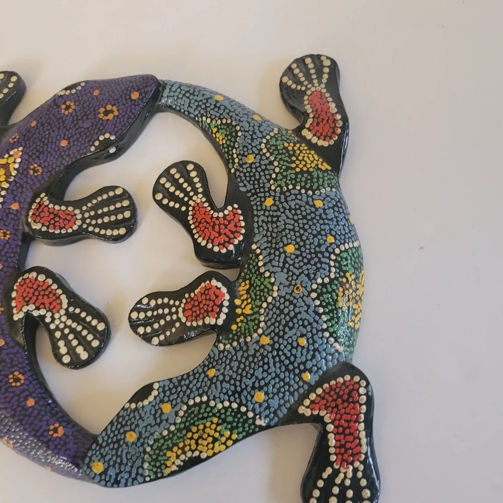 Hand Painted Carved Gecko Wall Art Decor Tribal